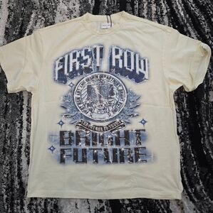 First Row Bright Future cream and blue graphic tee with crystallized detail